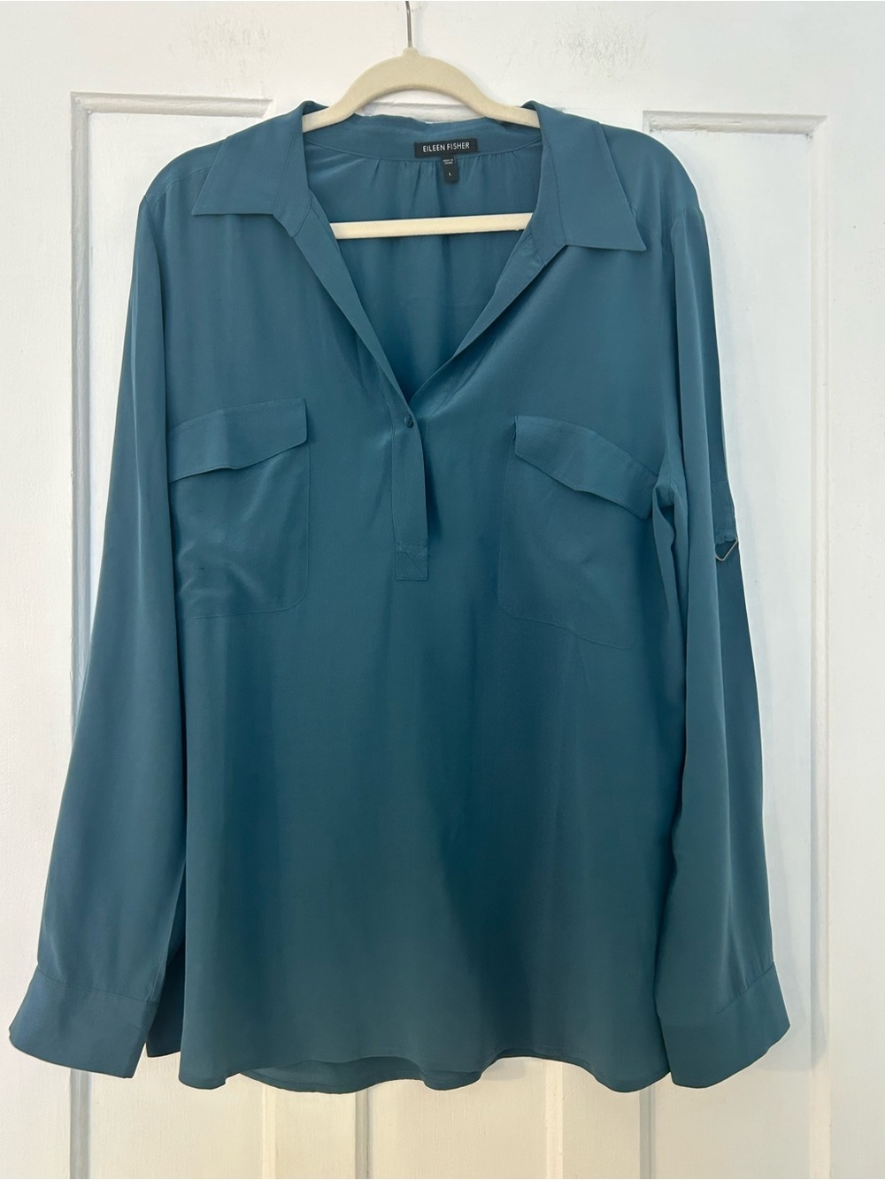 Eileen Fisher 100% Silk Teal Blue Button Front Blouse Size L